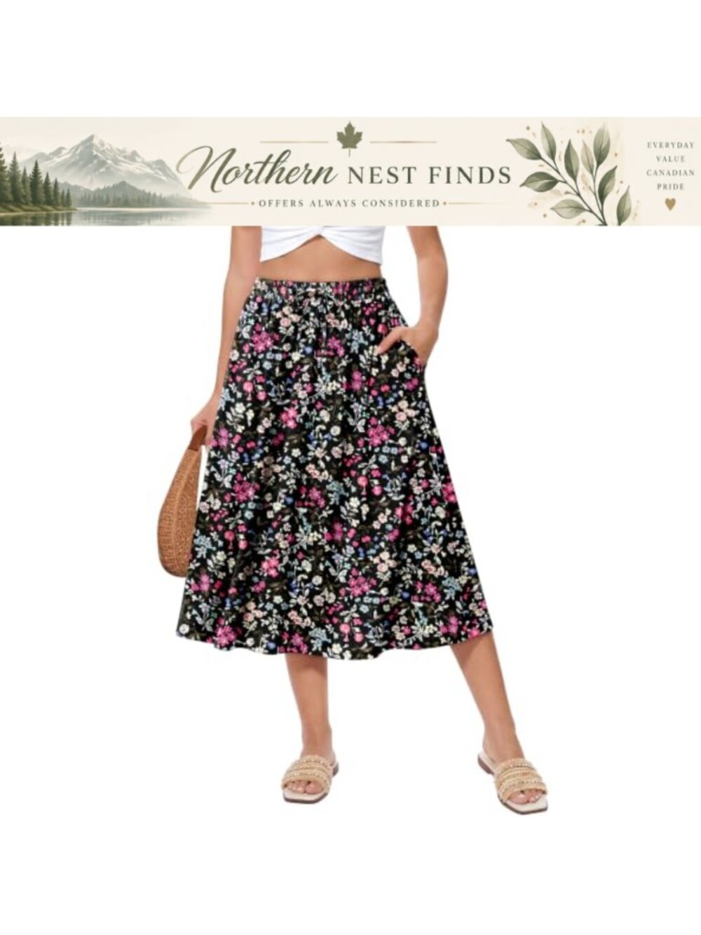 Women's High Waist A-Line Midi Skirt Floral Print with Pockets